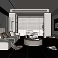 Modern Living Room Interior With Sofa Round Coffee Table TV Floor to Ceiling Window Blinds