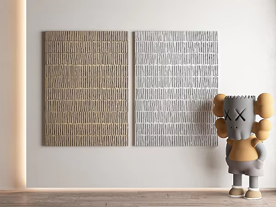 Cartoon Figure With Crossed Eyes Next To Textured Beige And Gray Abstract Paintings 3d model