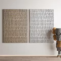 Cartoon Figure With Crossed Eyes Next To Textured Beige And Gray Abstract Paintings