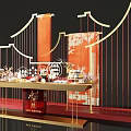Elegant Chinese Style Tea Break Area With Golden Curved Structures Red Backdrop And Patterned Screens 3d model