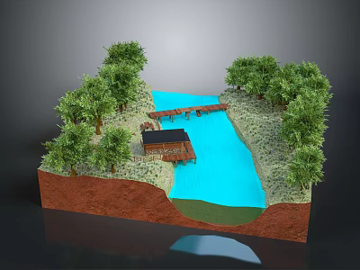 Rural Scene 3D Model With Blue River Green Trees Wooden Bridge And Small Cabin 3d model