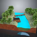Rural Scene 3D Model With Blue River Green Trees Wooden Bridge And Small Cabin