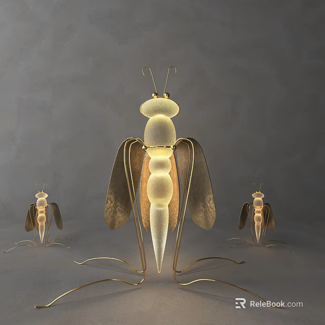 Main and Smaller Sizes Mantis Shaped Decorative Lights with Golden Frame and Warm Yellow Glow 3d model 