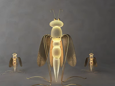 Main and Smaller Sizes Mantis Shaped Decorative Lights with Golden Frame and Warm Yellow Glow 3d model
