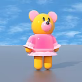 Cute Yellow Teddy Bear Doll Wearing Pink Ruffled Dress on Gray Background