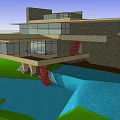 Modern Detached Villa With Large Glass Windows Wooden Structure And Waterfront Green Lawn