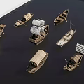 Various Traditional Wooden Boats With Sails And Awnings On Calm Water