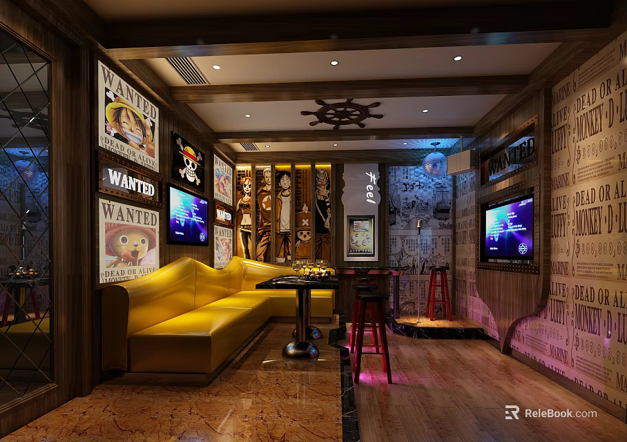 Vintage KTV Interior Design With Decorative Posters Yellow Sofa TV Screens And Ship Wheel 3d model 