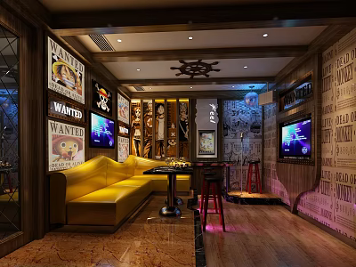 Vintage KTV Interior Design With Decorative Posters Yellow Sofa TV Screens And Ship Wheel 3d model