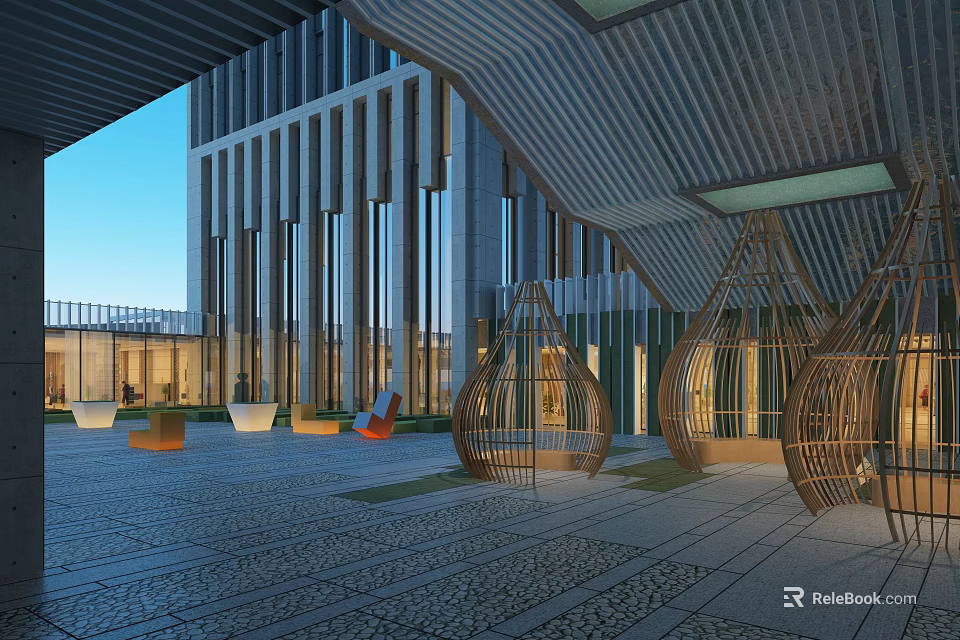 Modern Office Building With Glass Walls Outdoor Courtyard Decorative Structures Stone Paved Ground And Lighting 3d model 