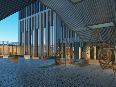 Modern Office Building With Glass Walls Outdoor Courtyard Decorative Structures Stone Paved Ground And Lighting 3d model