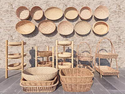 Decorative Ceramic Plates and Baskets Displayed on Shelves Against Gray Wall with Stone Floor 3d model