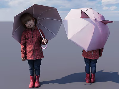 Children in Red Coats and Rain Boots Holding Gray and Pink Pig Shaped Umbrellas 3d model