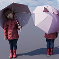 Children in Red Coats and Rain Boots Holding Gray and Pink Pig Shaped Umbrellas