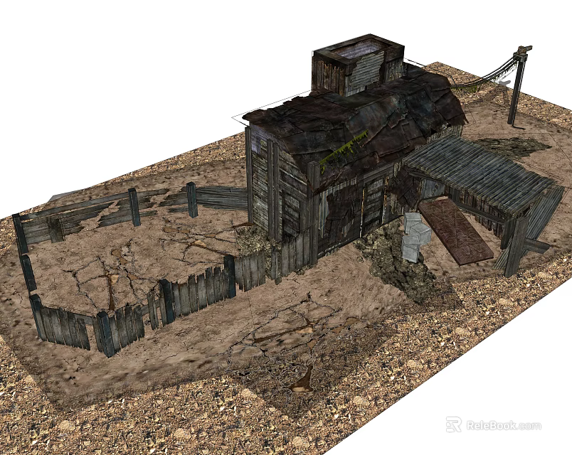 Abandoned Building Structure With Dilapidated Wooden Planks On Sandy Ground 3d model