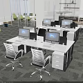 Modern Office Work Desk With Multiple Computer Monitors And Black White Office Chairs 3d model