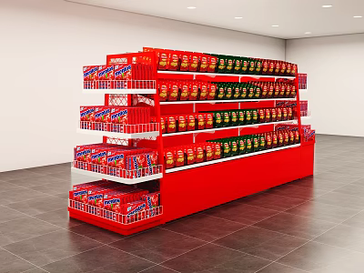 Supermarket Grocery Red Multi Tiered Shelf Display With Neatly Arranged Packaged Products 3d model