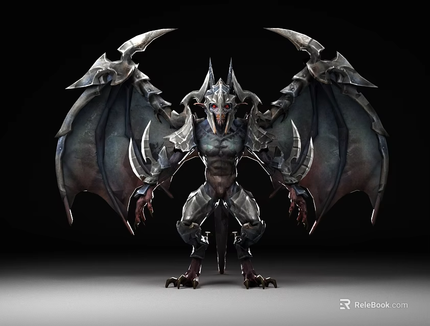 Fierce Armored Demon Game Movie Character With Large Wings And Sharp Horns 3d model 