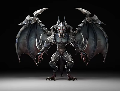 Fierce Armored Demon Game Movie Character With Large Wings And Sharp Horns 3d model