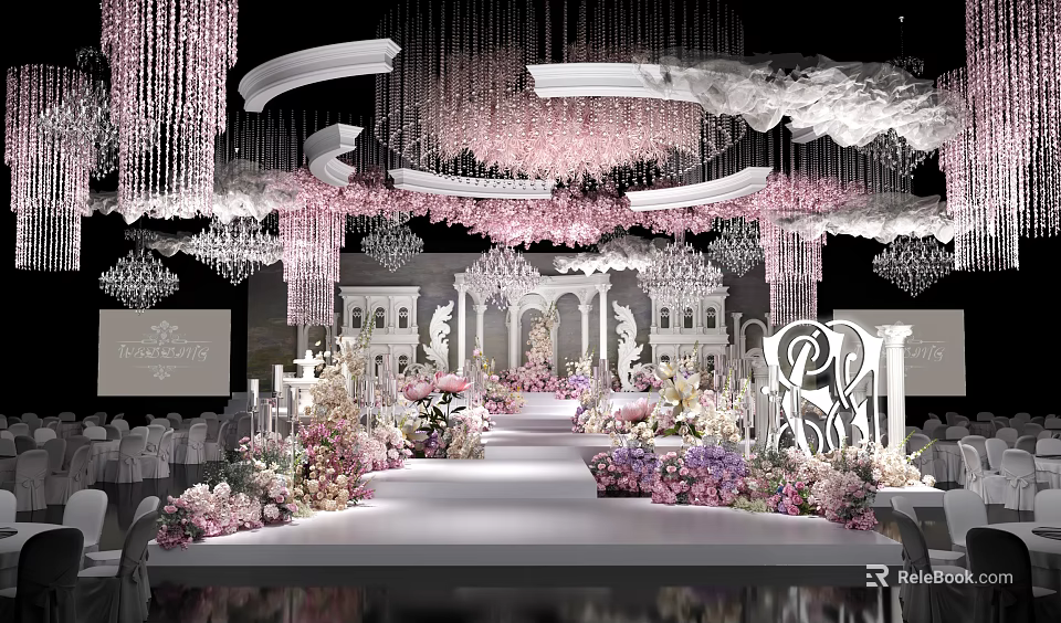 Elegant Wedding Stage Design With Pink White Floral Decor Crystal Chandeliers And Roman Pillars 3d model 
