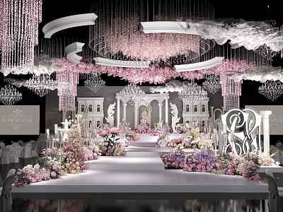 Elegant Wedding Stage Design With Pink White Floral Decor Crystal Chandeliers And Roman Pillars 3d model