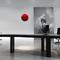 Modern Black Desk Interior Design With Suspended Red Sphere Black Chairs And Monochrome Artwork