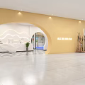 Mall Store Interior With Wooden Arc Wall White Reception Desk Green Plant And Smooth Floor