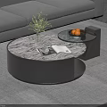Modern Round Coffee Table With Green Plant Vase Oranges Magazine And Gray Sofa Rug