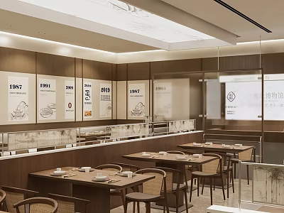 Modern Restaurant Interior With Wooden Decor Tables And Display Cases 3d model
