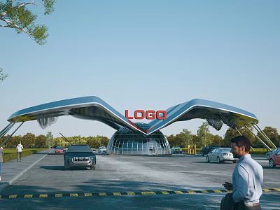Modern Entrance Gate Architectural Design With Prominent LOGO And Curved Roof Structure 3d model