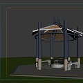 Outdoor Pavilion With Black Pillars Wooden Roof And Benches On Green Grassland