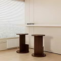 Two Brown Wooden Bar Stools in Modern Interior Near Window with White Blinds