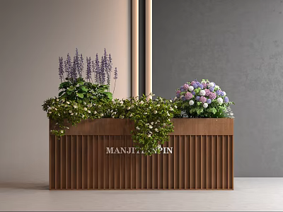 Colorful Flowers with Purple Pink Blooms and Green Foliage in Wooden Planter Box with MANTELLASSIN 3d model
