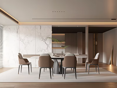 Elegant Modern Restaurant Interior With Marble Wall Dining Table Chairs And Decorative Plant 3d model