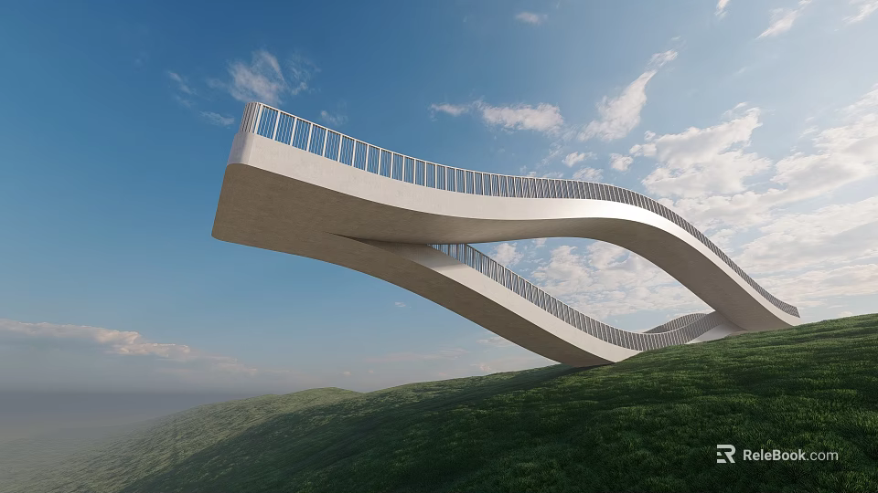 Modern Curved Bridge With Safety Railing On Green Hillside Under Blue Sky And White Clouds 3d model 