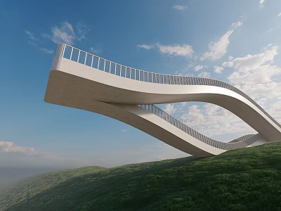 Modern Curved Bridge With Safety Railing On Green Hillside Under Blue Sky And White Clouds 3d model