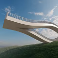 Modern Curved Bridge With Safety Railing On Green Hillside Under Blue Sky And White Clouds