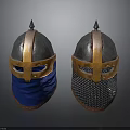 Medieval Helmets With Spiked Top Metal Shell Orange Stripes Blue Fabric And Chainmail Face Guards
