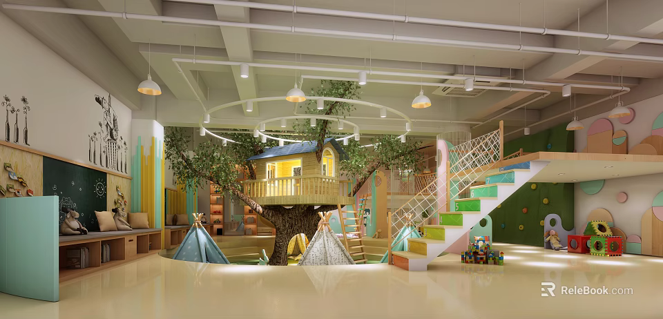 Fun Kindergarten Indoor Play Space With Tree House Colorful Stairs And Tents 3d model 