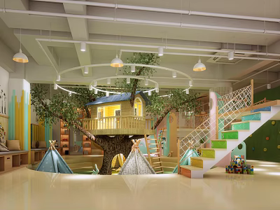 Fun Kindergarten Indoor Play Space With Tree House Colorful Stairs And Tents 3d model