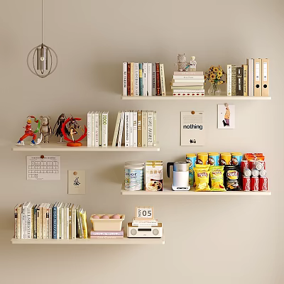 Decorative Ornament Set on Wall-mounted Bookshelves with Books Small Ornaments Cans Radio and Calendar 3d model
