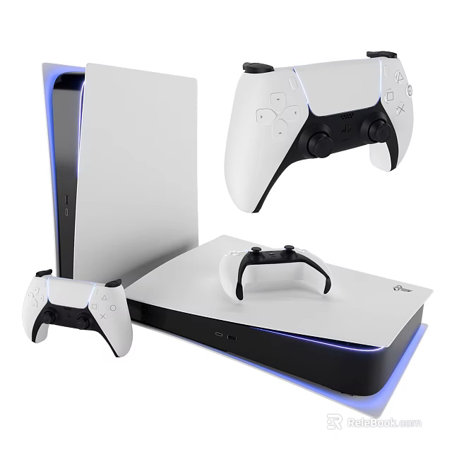 Modern White Game Console With Wireless Controllers And Blue Light Entertainment System 3d model