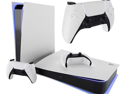 Modern White Game Console With Wireless Controllers And Blue Light Entertainment System 3d model