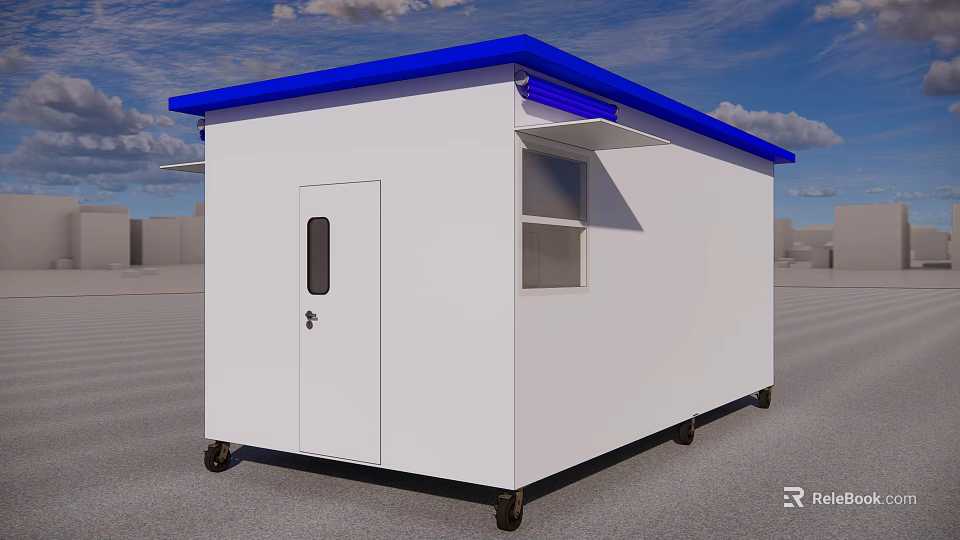 White Mobile Cabin With Blue Roof Wheels Door And Window Design 3d model 