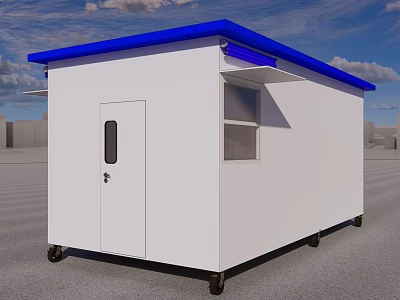 White Mobile Cabin With Blue Roof Wheels Door And Window Design 3d model