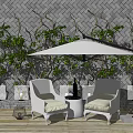 Outdoor Sofa With White Cushions Under Umbrella On Wooden Deck Vines Wall And Lanterns