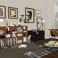 Cozy Study Room Interior With Wooden Bookshelf Framed Artworks Potted Plants And Leather Armchair