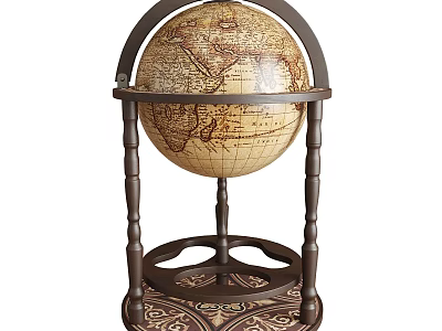 Vintage Globe With Wooden Stand And Carved Base Featuring World Map 3d model