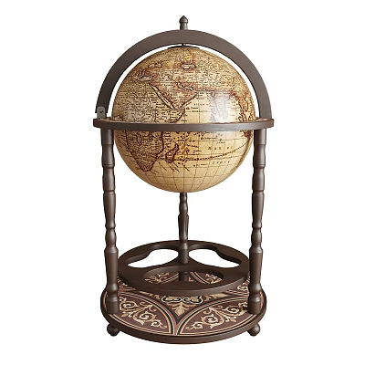 Vintage Globe With Wooden Stand And Carved Base Featuring World Map 3d model