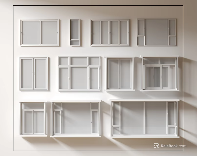 Various Modern White Casement Windows With Different Frame Designs For Home Interior 3d model